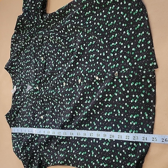 Notations, Size L Black with Green Polka Dot Button Down Roll Tab Sleeve Shirt - Picture 9 of 11